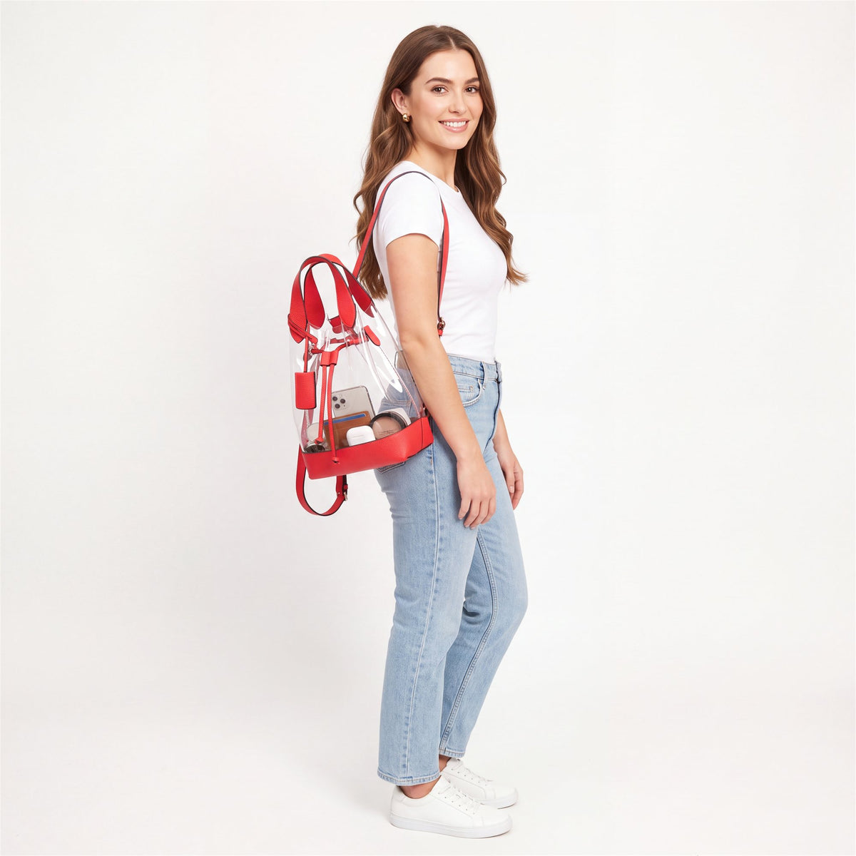 Red Drawstring Clear Bucket Bag - studio model shot