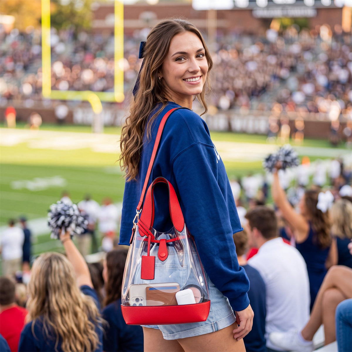 Red Drawstring Clear Bucket Bag - game day stadium shot
