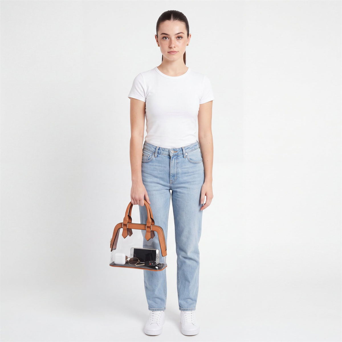 Cognac Structured Clear Satchel - studio model shot