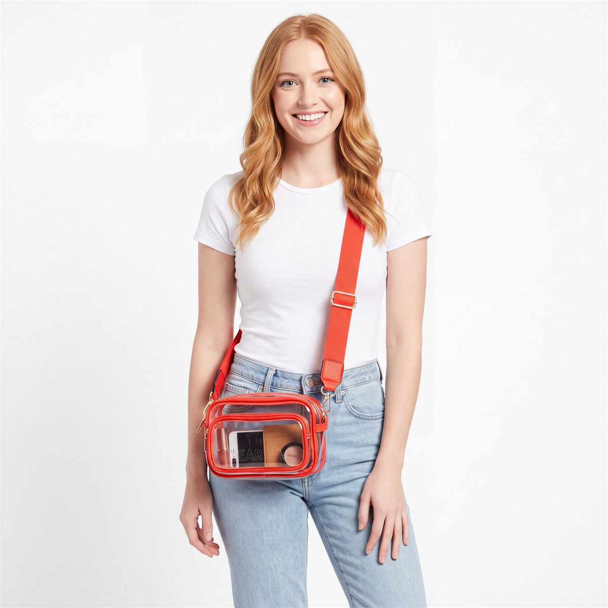Red Embossed Clear Belt Bag - studio model shot