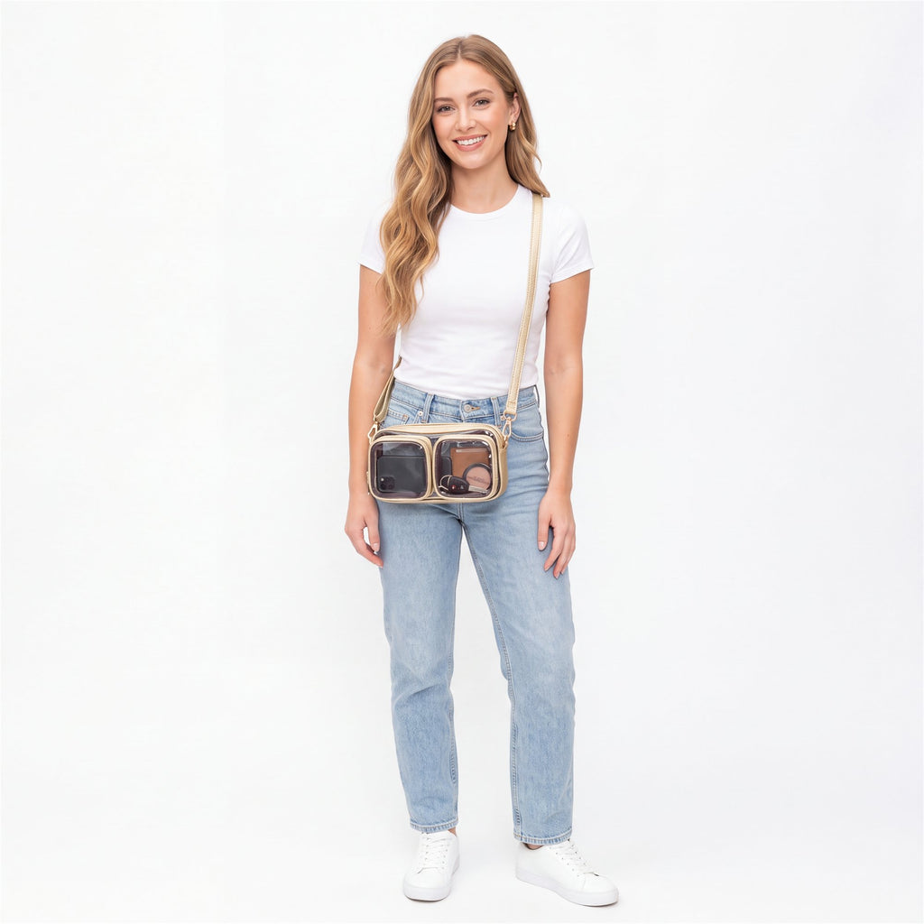 Gold Dual-Pocket Clear Crossbody - studio model shot