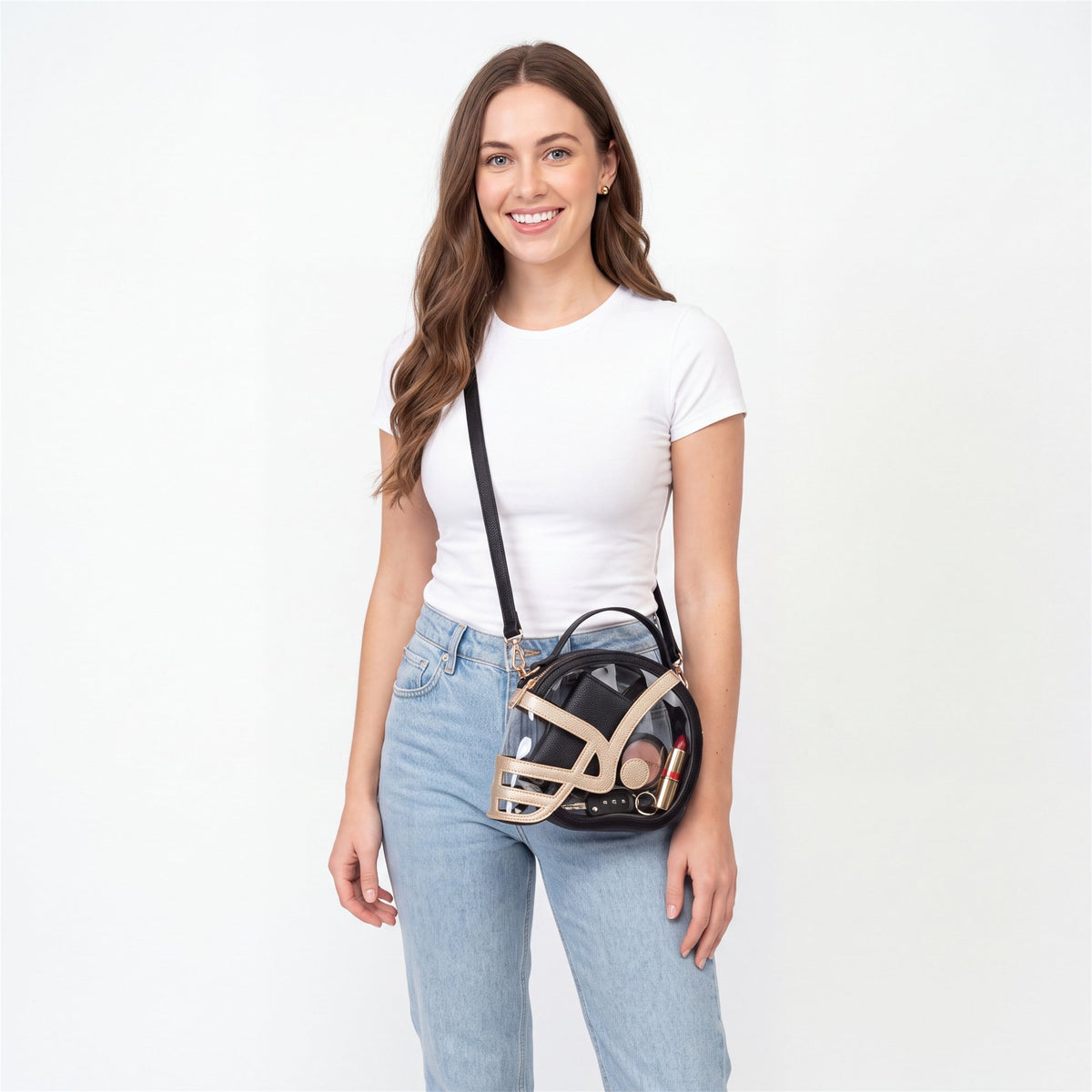 Clear Football Helmet Crossbody Bag, Gold - studio model shot