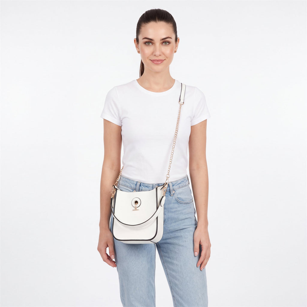 Gold Toggle-Lock Clear Hobo Bag, White - studio model shot