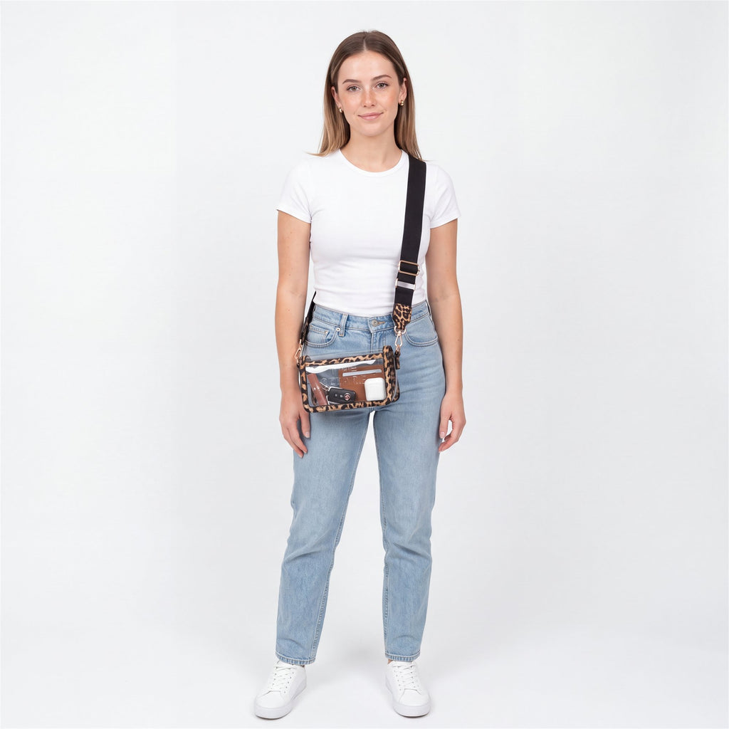 Gold Snap-Front Clear Crossbody, Leopard - studio model shot