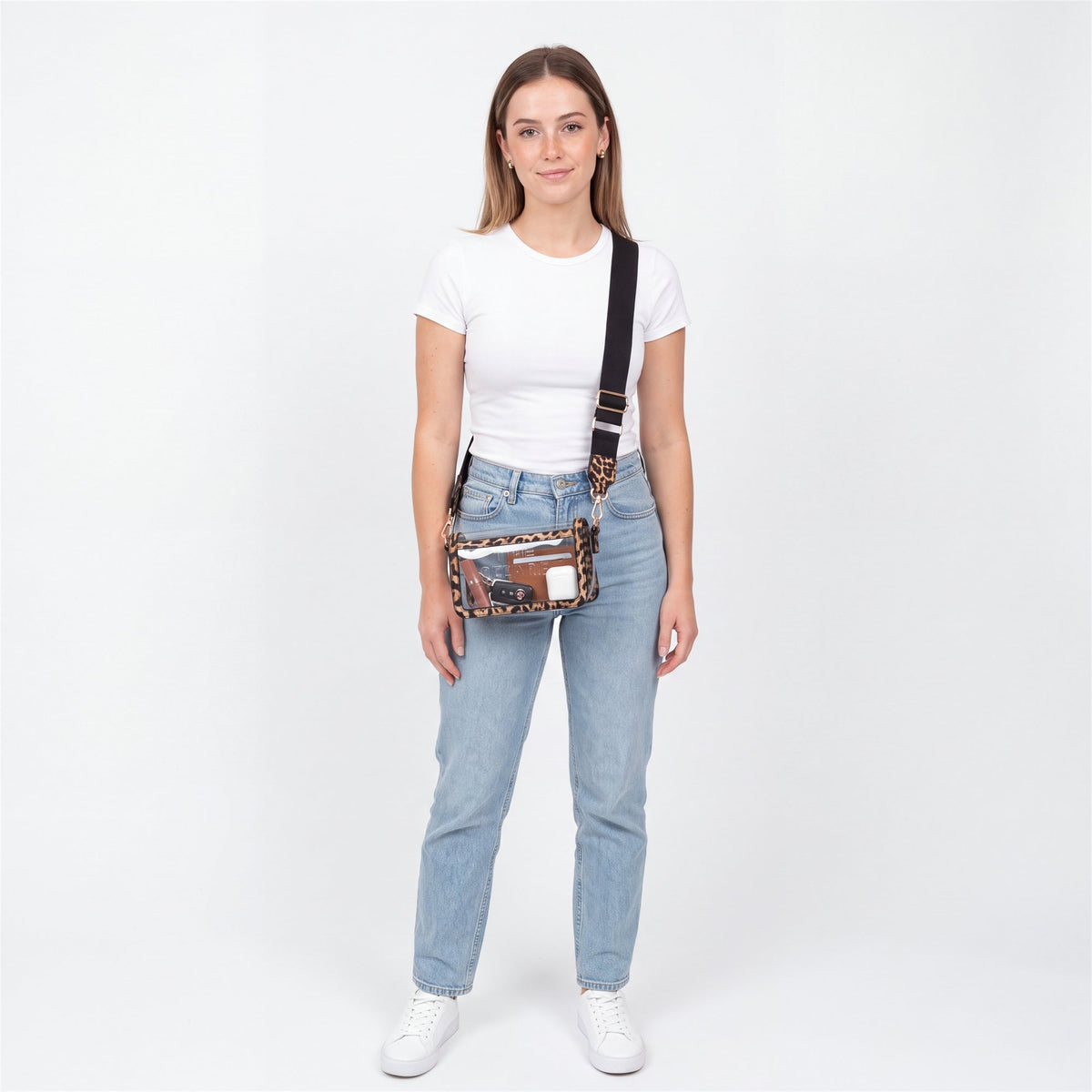 Gold Snap-Front Clear Crossbody, Leopard - studio model shot