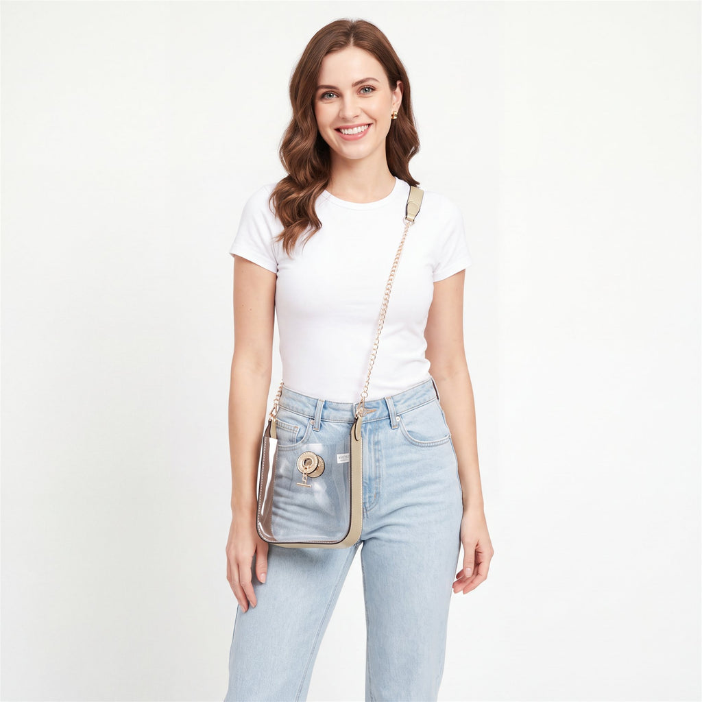Gold Toggle-Lock Clear Hobo Bag, Gold - studio model shot