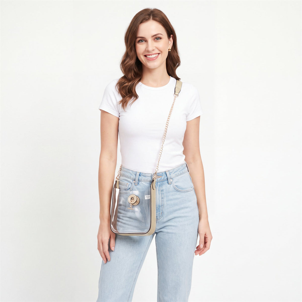 Gold Toggle-Lock Clear Hobo Bag, Gold - studio model shot