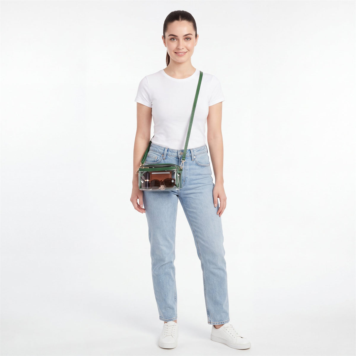 Green Trim Clear Camera Bag, studio model shot
