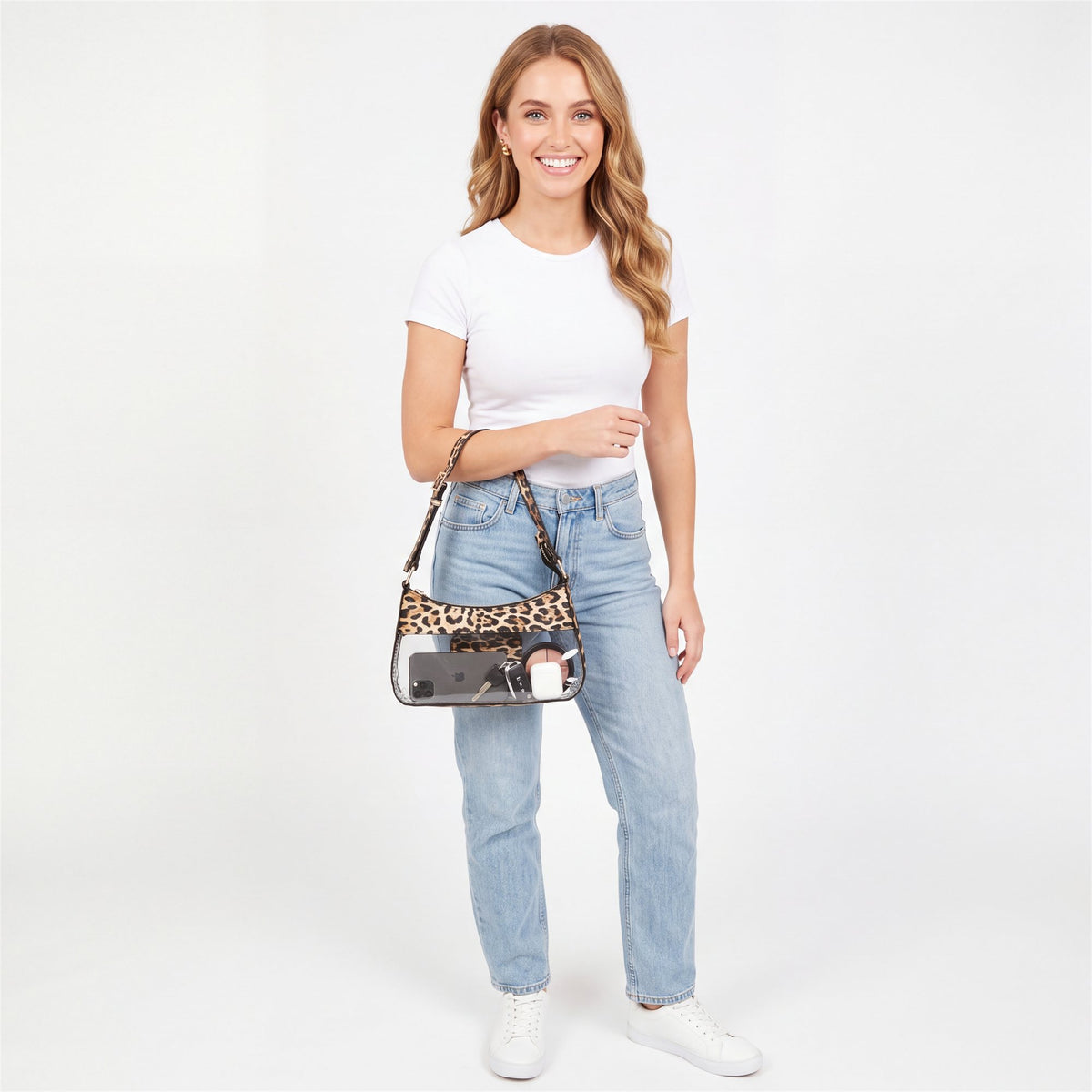 Leopard Print Clear Shoulder Bag - studio model shot