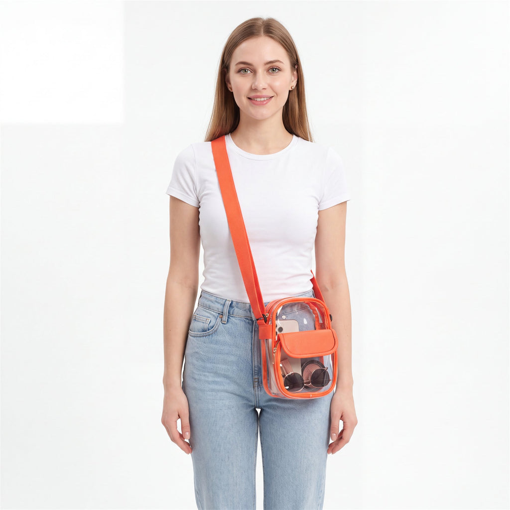 Orange Flap-Pocket Clear Crossbody - studio model shot