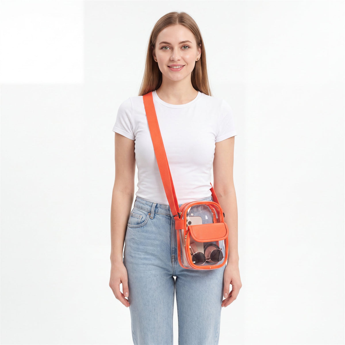 Orange Flap-Pocket Clear Crossbody - studio model shot