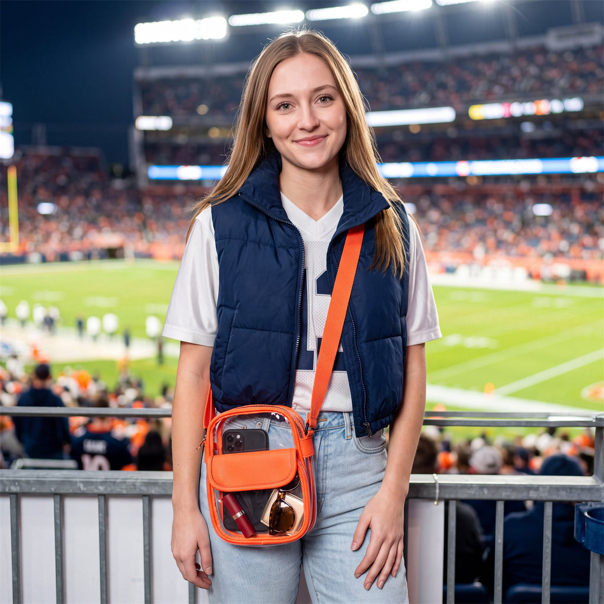 Orange Flap-Pocket Clear Crossbody - game day stadium shot