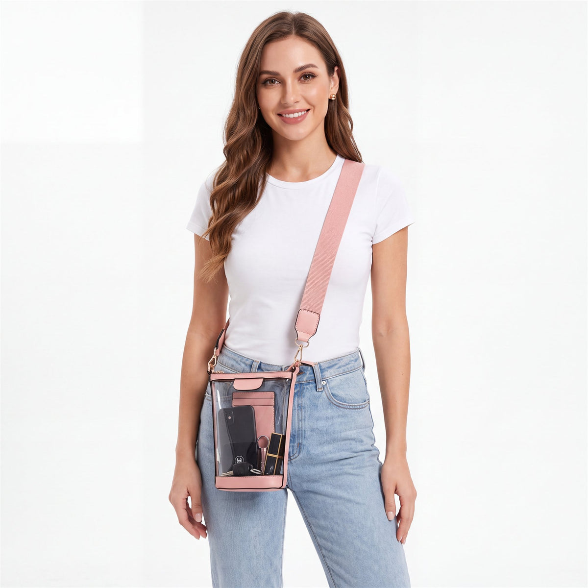 Blush Pink Clear Crossbody Tote - studio model shot