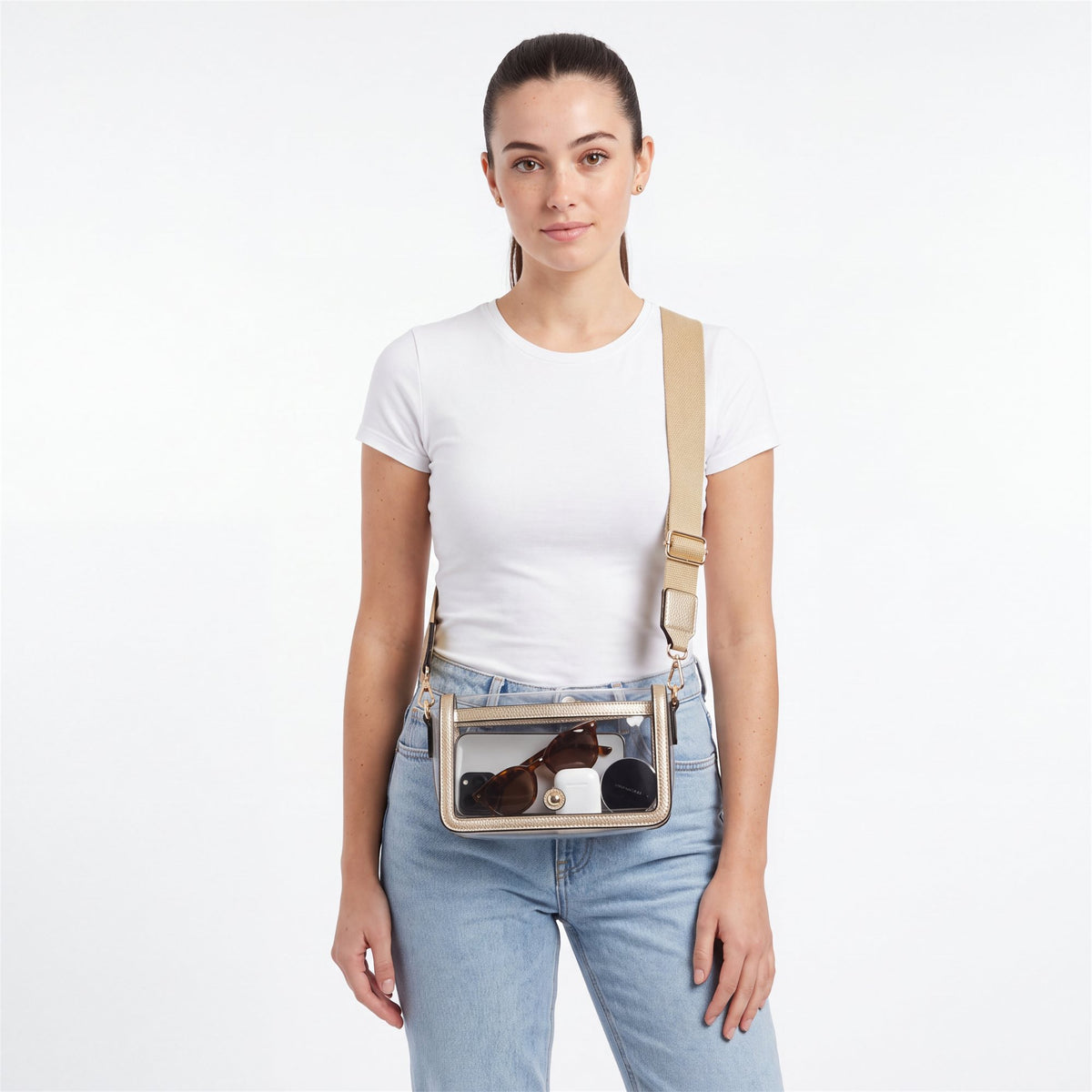 Gold Snap-Front Clear Crossbody, Gold - studio model shot