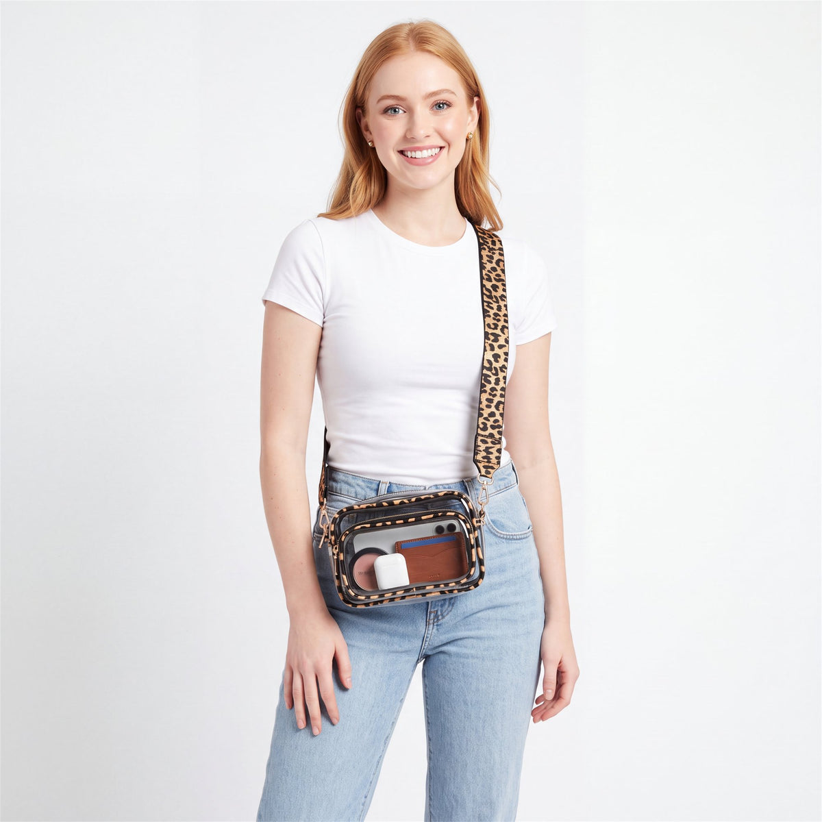 Leopard Print Clear Belt Bag - studio model shot