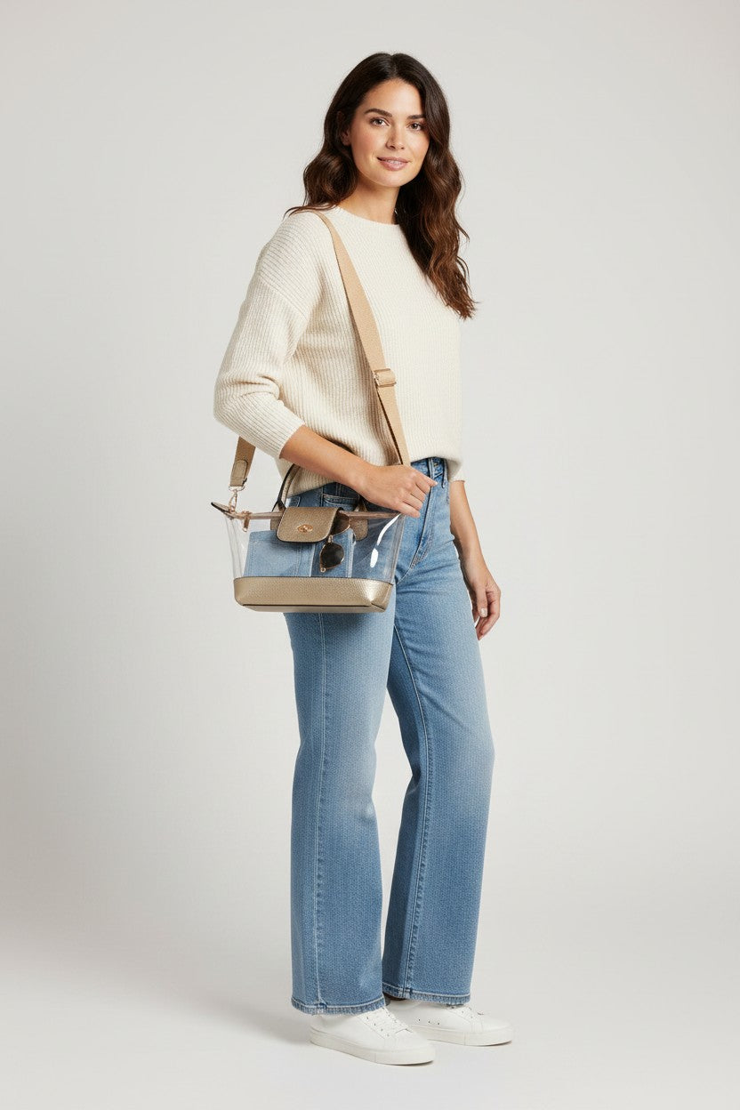 Gold Mini Clear Tote & Pouch Set, worn on shoulder