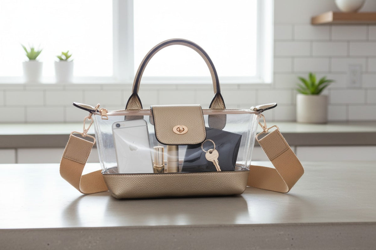 Gold Mini Clear Tote & Pouch Set, styled display