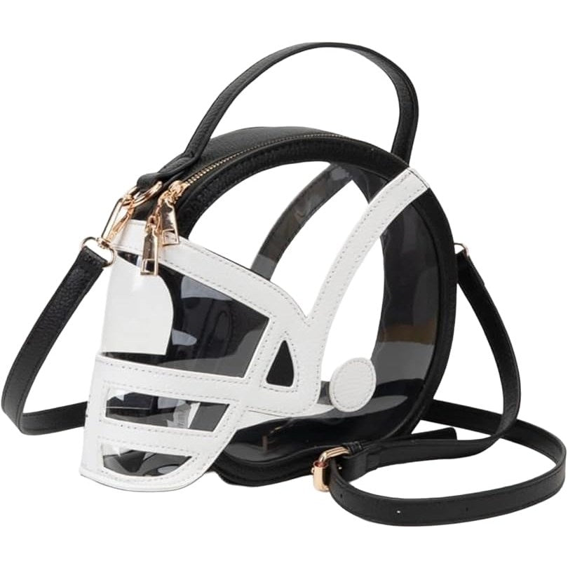 Clear football helmet shaped crossbody bag with white face mask and gold zipper hardware